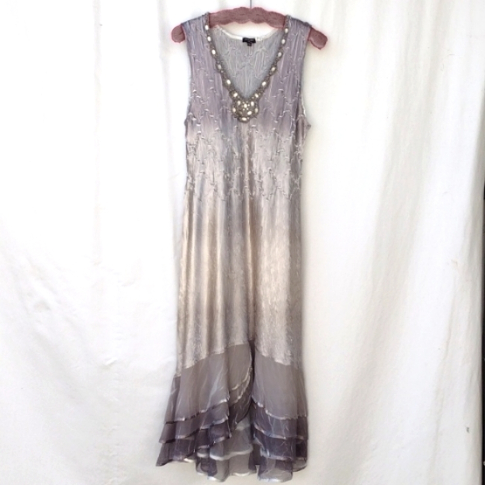 Komarov Ombre Charmeuse Sleevesless & Chiffon Jacket Oyster Smoke Women's PXL